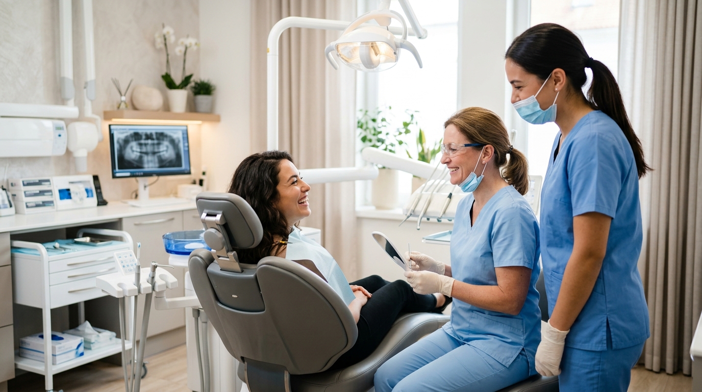 Friendly dentists caring for patient in bright modern surgery room