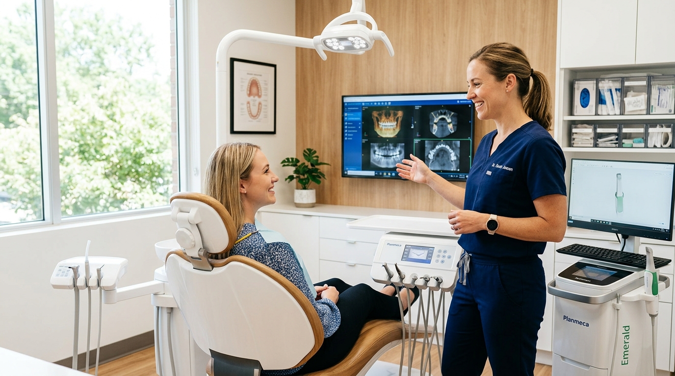 Dentist explaining digital dental scan to patient in bright clinic